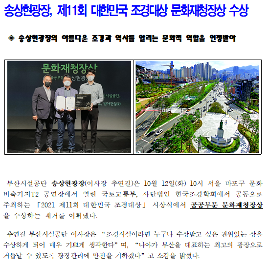 송상현광장, 2021년 제11회 대한민국 조경대상 문화재청장상 수상
